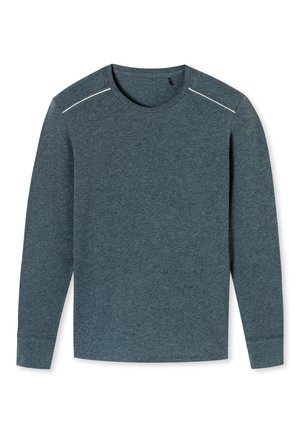 Dlouhý rukáv košile v tmavě modré melírované látce. Obsahuje kulatý výstřih, rovný lem a bílé akcentní stehy na ramenou.