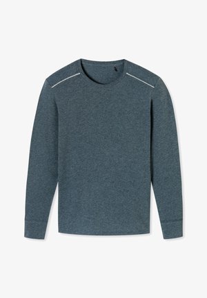 Dlouhý rukáv košile v tmavě modré melírované látce. Obsahuje kulatý výstřih, rovný lem a bílé akcentní stehy na ramenou.