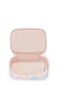 Sminkväska med dragkedja som har ett färgglatt blommönster på vit bakgrund, med mjukt rosa foder och liten innerväska.