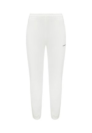 Biele zúžené tepláky s elastickým pásom a manžetami, malé čierne logo "LAMANA" na hornej časti stehna.