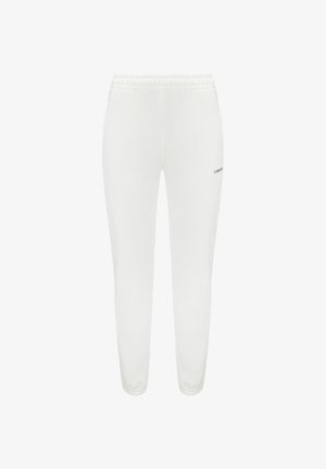 Fehér, szűkített szabású melegítőnadrág, rugalmas derékpánttal és szegélyekkel, kis fekete "LAMANA" logó a felső combon.