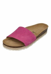 Pink suede slip-on sandal with a wide strap, cork footbed, and a textured rubber sole. Features a woven accent around the base.