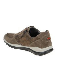 Brown suede shoes featuring a textured pattern, a zip closure, and a black rubber sole with a colored accent on the heel.