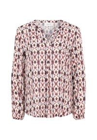 Blusa a maniche lunghe realizzata in tessuto leggero, caratterizzata da un motivo geometrico nelle tonalità di rosa, grigio e crema; design a scollo a V con pieghe.