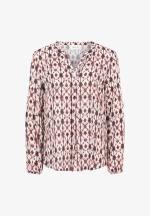 Langærmet bluse lavet af let stof, med et geometrisk mønster i nuancer af pink, grå og creme; V-hals design med plisseringer.