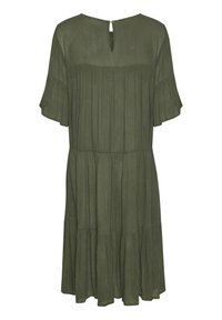 Vestido verde oliva a la altura de la rodilla con mangas cortas acampanadas, falda en capas y un cierre de botón en forma de ojal en la parte posterior del escote.