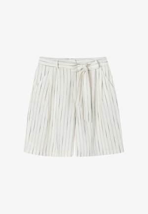 Krēmkrāsas šorti ar vertikālām tumši zilām svītrām, ar saiti, sānu kabatām un brīvu piegriezumu. Izgatavoti no viegla auduma.