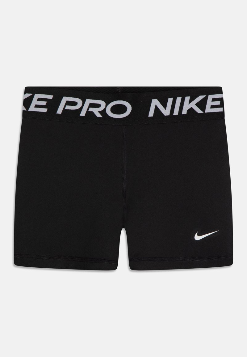 Čierne športové šortky s širokým pásom, na ktorom sú biele písmená "NIKE PRO". Šortky majú na prednej strane malé biele logo swoosh.