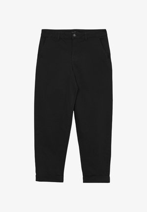 Black cotton trousers with a straight leg design, front pockets, and a button closure. Features rolled cuffs and a smooth texture.