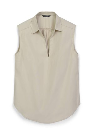 Blusa senza maniche in beige chiaro con colletto, apertura a chiave sul davanti e orlo leggermente curvato. Tessuto morbido.