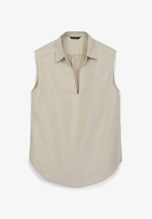 Blusa senza maniche in beige chiaro con colletto, apertura a chiave sul davanti e orlo leggermente curvato. Tessuto morbido.