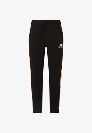 Pantaloni della tuta neri con una cintura elastica e coulisse, caratterizzati da strisce laterali colorate e un logo sulla parte inferiore della gamba sinistra.