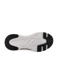 Shoe sole featuring a white base with black accents, textured patterns for grip, and a smooth central section with brand logo detail.