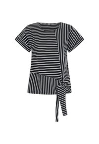 Top corto a maniche corte a righe bianche e nere con un design testurizzato, taglio asimmetrico e un nastro annodato in vita.
