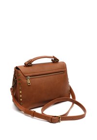 Brown leather crossbody bag with a top handle, zip closure, and decorative gold studs along one side. Adjustable strap included.