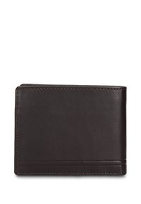 Portafoglio in pelle marrone dalla texture liscia, forma rettangolare, cuciture sottili e design minimalista. Presenta un dettaglio di una singola striscia orizzontale.