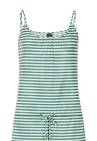 Robe rayée verte et blanche avec de fines bretelles, un décolleté froncé et une taille à cordon. Fabriquée dans un tissu léger avec une texture lisse.