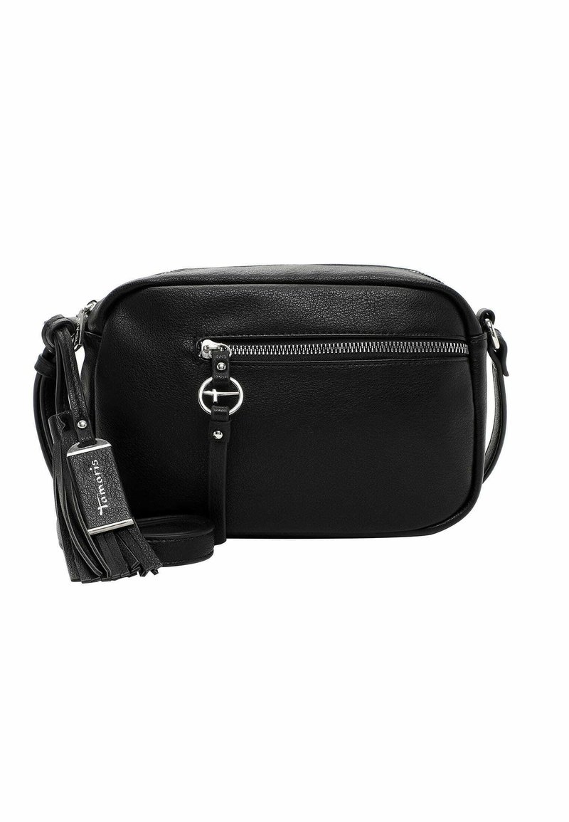 Black leather crossbody bag with a zippered front pocket, adjustable strap, and tassel accent. Smooth texture and rectangular shape.