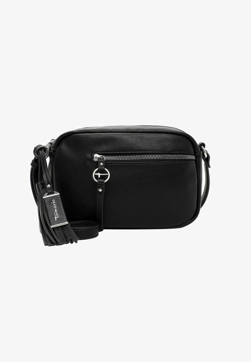 Borsa a tracolla nera in pelle con tasca frontale con zip, tracolla regolabile e dettaglio con nappina. Texture liscia e forma rettangolare.