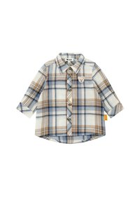 Camisa de manga corta de cuadros en algodón beige, marrón y azul, con un bolsillo en el pecho que tiene un aplique de oso y cierres de botón.