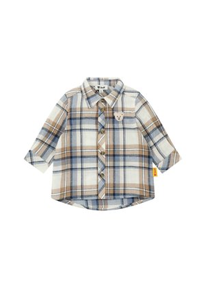 Camicetta a maniche corte in cotone a quadri nei colori beige, marrone e blu, con taschino sul petto decorato da un'applicazione di orso e chiusura con bottoni.
