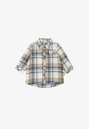 Camisa de manga corta de cuadros en algodón beige, marrón y azul, con un bolsillo en el pecho que tiene un aplique de oso y cierres de botón.