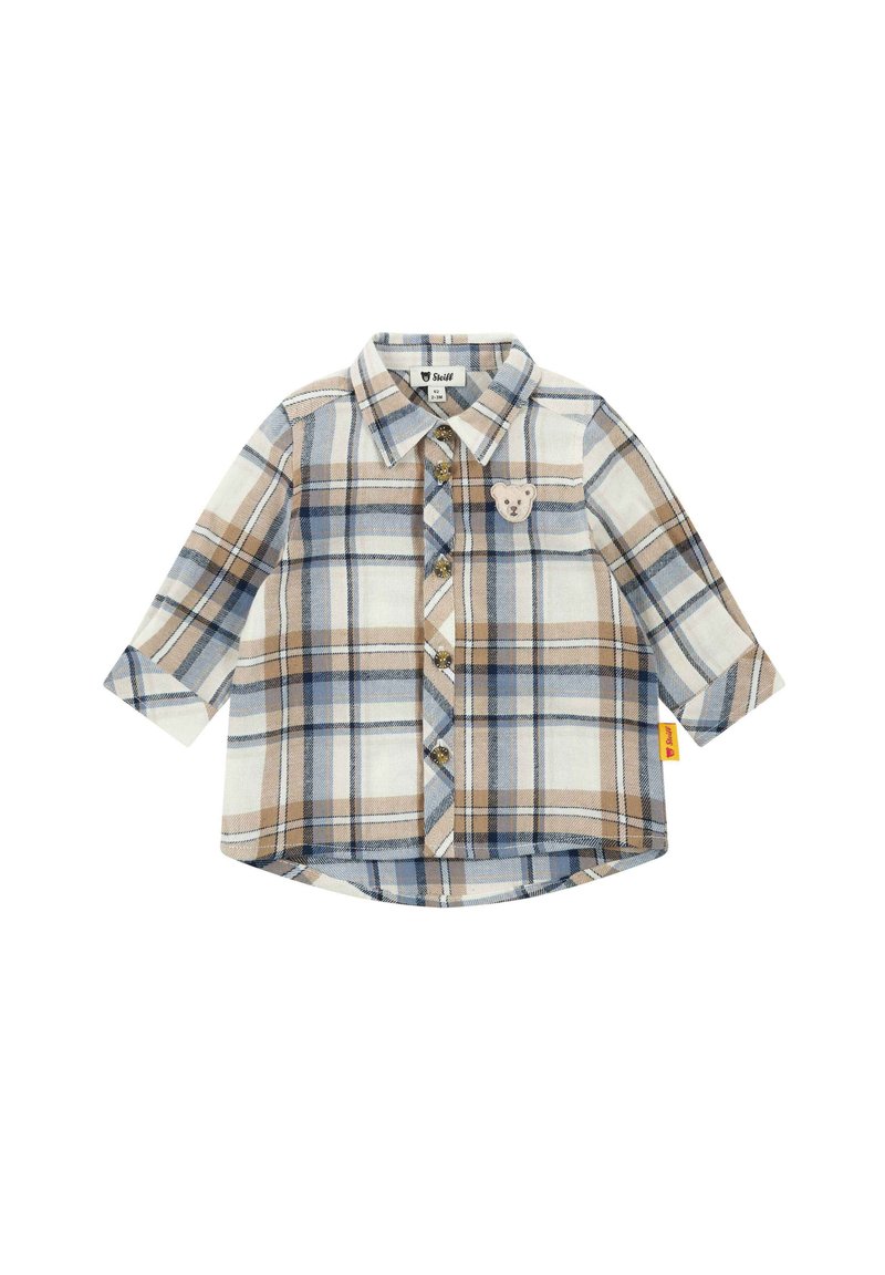 Camisa de manga corta de cuadros en algodón beige, marrón y azul, con un bolsillo en el pecho que tiene un aplique de oso y cierres de botón.