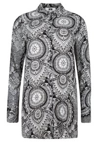 Långärmad skjorta med ett svart och vitt paisleymönster, med krage och knappstängning framtill. Tillverkad av ett lätt tyg.