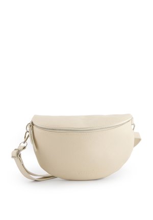 Beige Leder Umhängetasche in runder Form, mit oberem Reißverschluss, verstellbarem Schulterriemen und dezenten strukturierten Oberflächendetails.