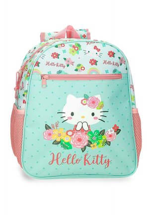 Mochila Hello Kitty en azul claro y rosa con diseños florales, bolsillo frontal con cremallera y bolsillos laterales de malla.