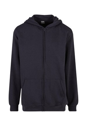 Zwarte hoodie met volledige ritssluiting, voorzak in kangoeroestijl, capuchon met trekkoorden en geribde manchetten, gepresenteerd tegen een witte achtergrond.