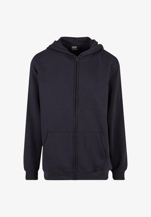 Mustas täispikaga kapuutsiga sviiter, ees olev kanguru tasku, nööriga kapuuts ja soonikkäised, esitatud valgel taustal.