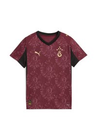 Burgundivärgad tröja med svarta ärmar som har ett cirkulärt mönster, guldaccenter, en V-ringning och en logotyp på vänster bröst. Kortsleeved design.