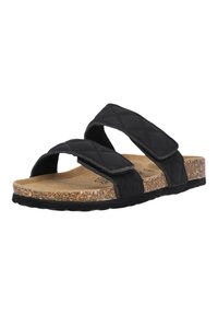 Svarta sandaler med två remmar, med kviltad syntetisk ovandel och korkfotbädd, utrustade med en strukturerad gummisula och justerbara kardborreband.
