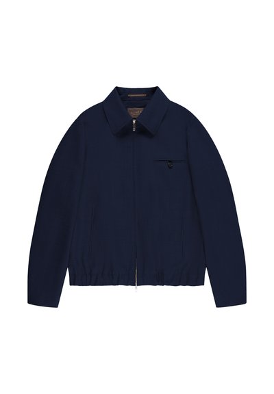 Navy blue lightweight jacket with a collared neckline, zipper closure, and a chest pocket featuring a button detail. Smooth texture.
