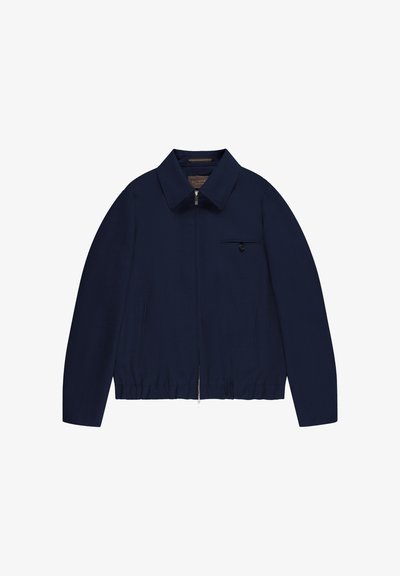 Navy blue lightweight jacket with a collared neckline, zipper closure, and a chest pocket featuring a button detail. Smooth texture.