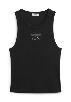 Zwarte ribbel tanktop met een ronde hals. Voorzien van witte tekstprints met motiverende zinnen. De stof lijkt zacht en rekbaar te zijn.