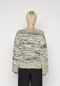 Person mit kurzen blonden Haaren, die einen mehrfarbigen Strickpullover und schwarze Hosen trägt, von hinten vor einem schlichten Hintergrund gezeigt.