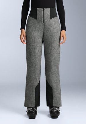 Szürke, magas derekú nadrág, texturált szőtt mintázattal, fekete oldalú díszítéssel és elülső cipzárral, amely szabott, széles lábú fazonnal rendelkezik.