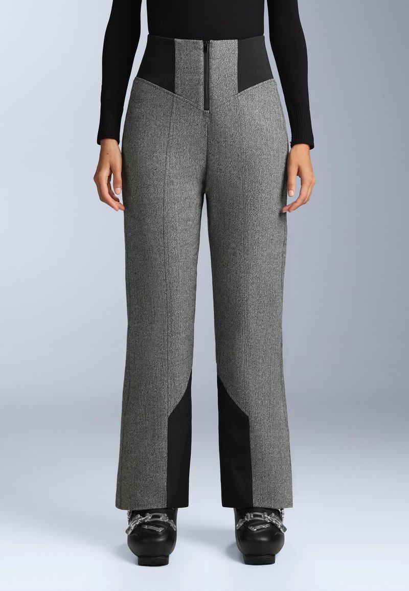 Sive hlače visokog struka s teksturiranim tkanim uzorkom, crnim bočnim detaljima i prednjim zatvaračem, s krojem širokih nogavica.