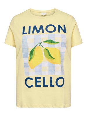 Yellow short-sleeve T-shirt with "LIMON" and "CELLO" text, featuring two yellow lemons with green leaves on a blue and white checkered background.