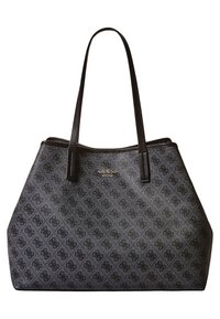 Czarna torba na ramię Guess z wzorem monogramu, dwoma długimi uchwytami i złotym logo marki umieszczonym na przodzie.