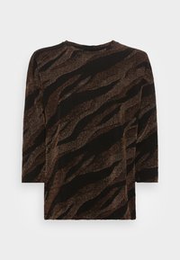 Schwarzes Langarmoberteil mit einem strukturierten, metallisch bronze-farbenen Tigerstreifenmuster. Hat einen Rundhalsausschnitt und einen lockeren Schnitt.