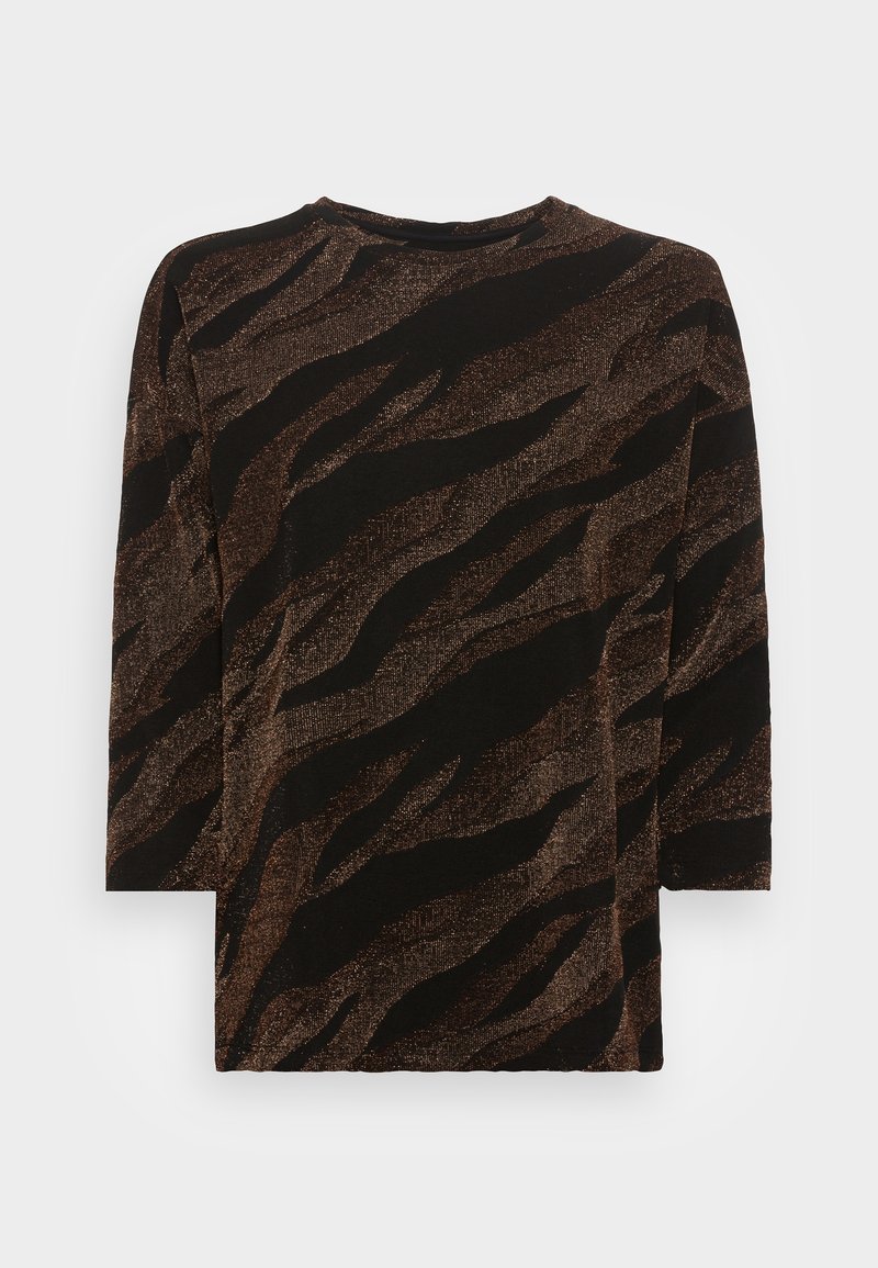 Schwarzes Langarmoberteil mit einem strukturierten, metallisch bronze-farbenen Tigerstreifenmuster. Hat einen Rundhalsausschnitt und einen lockeren Schnitt.