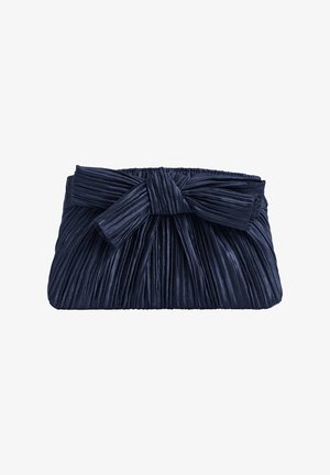 Pochette plissée bleu marine avec large nœud en tissu noué à l'avant et bord supérieur élastiqué froncé.