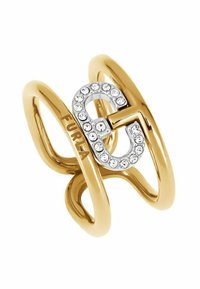Inel de culoare aurie cu bătăi întrețesute, având un accent de logo argintiu împrejmuit de pietre prețioase transparente, marcat cu "Furla."