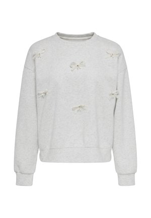Hellgraues Sweatshirt mit langen Ärmeln und fünf kleinen dekorativen weißen Schleifen, jede mit winzigen Perlen verziert, verteilt auf der Vorderseite.