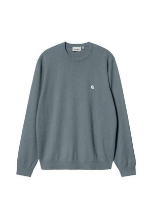 Jersey gris liso de cuello redondo con mangas largas y un pequeño logotipo blanco en el lado izquierdo del pecho, colocado extendido sobre un fondo blanco.