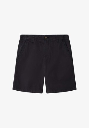 Shorts noirs en tissu léger, dotés d'une fermeture à bouton, de deux poches latérales et d'une coupe droite avec une finition soignée.
