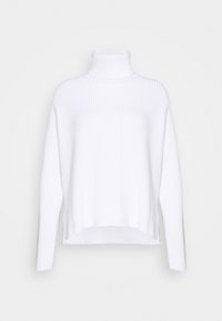 Weißer gerippter Rollkragenpullover mit langen Ärmeln, der einen lockeren Schnitt und einen leicht verkürzten Saum für einfaches Layering aufweist.